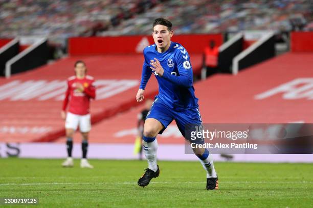 James Rodriguez of Everton celebrates after scoring their team's second goal during the Premier League match between Manchester United and Everton at...