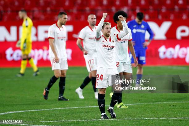 Alejandro Gomez of Sevilla FC celebrates after scoring their team's second goal during the La Liga Santander match between Sevilla FC and Getafe CF...
