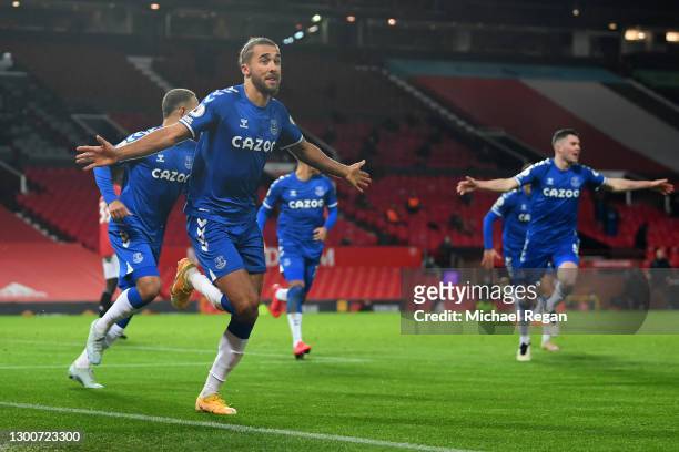 Dominic Calvert-Lewin of Everton celebrates after scoring their team's third goal during the Premier League match between Manchester United and...