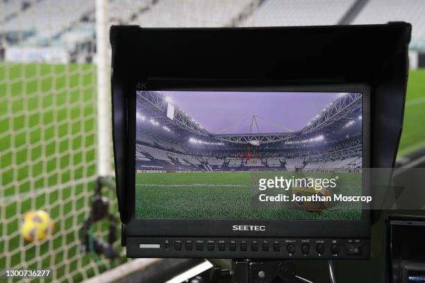 Pitchside television camera monitor shows a Nike official matchball during the Serie A match between Juventus and AS Roma at Allianz Stadium on...