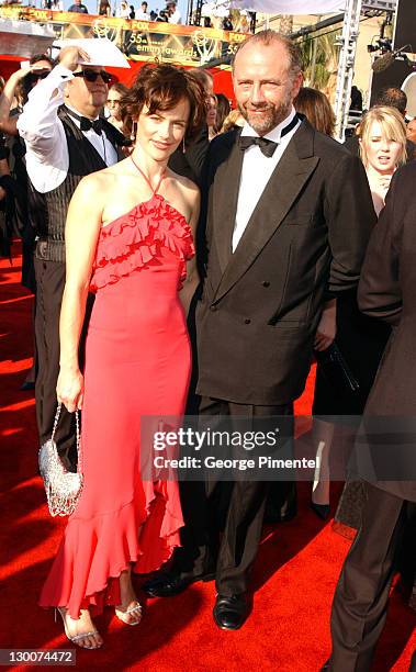 Sarah Clarke and Xander Berkeley during The 55th Annual Primetime Emmy Awards - Access Hollywood Red Carpet at The Shrine Theater in Los Angeles,...