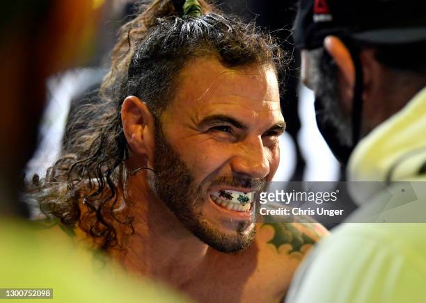 Clay Guida prepares to fight Michael Johnson in their lightweight fight during the UFC Fight Night event at UFC APEX on February 06, 2021 in Las...