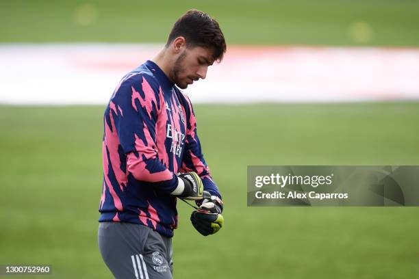 Diego Altube of Real Madrid CF warms up before the La Liga Santander match between SD Huesca and Real Madrid at Estadio El Alcoraz on February 06,...