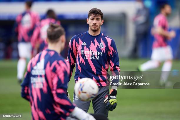 Diego Altube of Real Madrid CF warms up before the La Liga Santander match between SD Huesca and Real Madrid at Estadio El Alcoraz on February 06,...