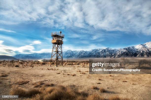 watchtower at manzamar - displaced persons camp stock pictures, royalty-free photos & images