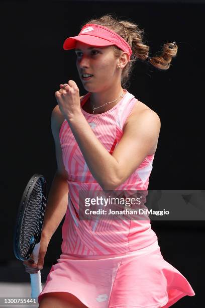 Elise Mertens of Belgium celebrates winning a point in her Women's Singles Final match against Kaia Kanepi of Estonia during day eight of the WTA 500...