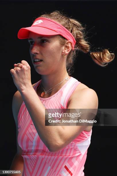 Elise Mertens of Belgium celebrates winning a point in her Women's Singles Final match against Kaia Kanepi of Estonia during day eight of the WTA 500...