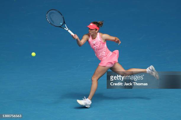 Elise Mertens of Belgium plays a forehand in her Women's Singles Final match against Kaia Kanepi of Estonia during day eight of the WTA 500 Gippsland...