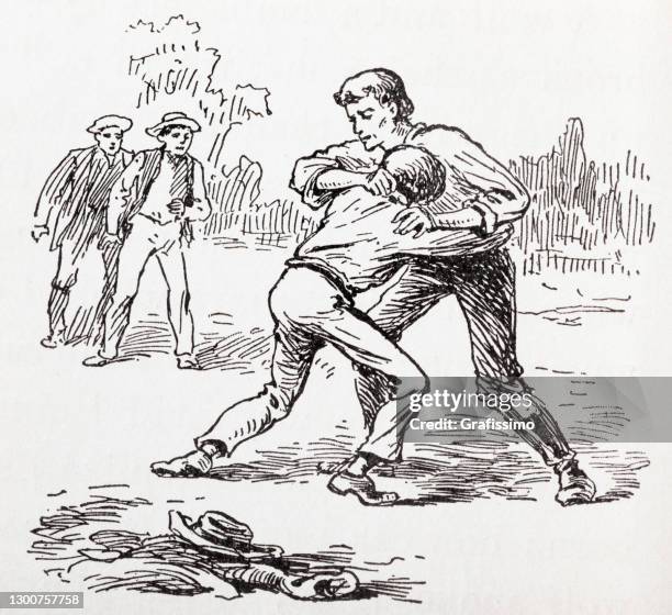 two men fighting on the street 1897 - the way of the fight stock illustrations