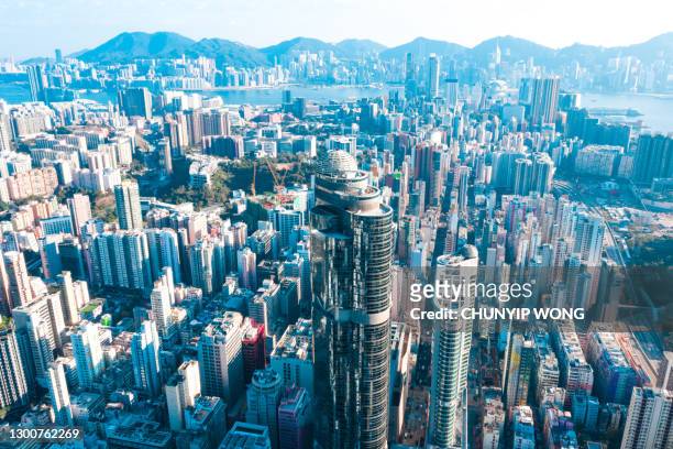 drone view of kowloon city in hong kong - mong kok imagens e fotografias de stock