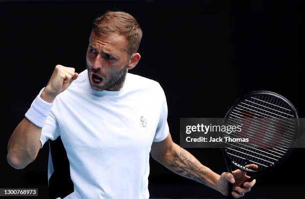 Daniel Evans of Great Britain celebrates winning a point in his Men's Singles Final match against Felix Auger-Aliassime of Canada during day seven of...