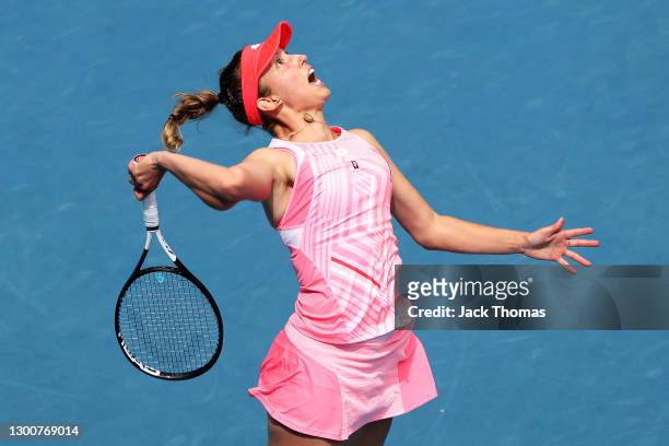 Elise Mertens of Belgium serves in her Women's Singles Final match against Kaia Kanepi of Estonia during day eight of the WTA 500 Gippsland Trophy at...