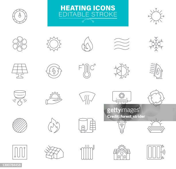 heating icons editable stroke. in set icons as ecology, environment, lightbulb, green energy, water, climate change - fever stock illustrations