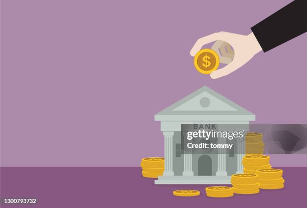 geschäftsmann steckt eine us-dollar-münze in eine bank - bank financial building stock-grafiken, -clipart, -cartoons und -symbole
