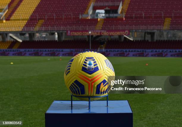 The match ball is seen prior to the Serie A match between Benevento Calcio and UC Sampdoria at Stadio Ciro Vigorito on February 07, 2021 in...