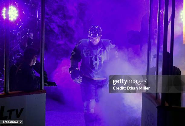 Reid Duke of the Henderson Silver Knights is introduced before a game against the Ontario Reign during the Silver Knights' inaugural regular-season...