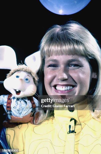 Brazilian TV presenter and singer Maria da Graça Xuxa Meneghel with 'Topo Gigio' during a show on Spanish television, Madrid, Spain, 1995.