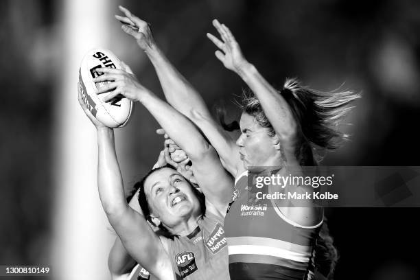 Alyce Parker of the Giants wins the mark over the pack during the round two AFLW match between the Greater Western Sydney Giants and the Adelaide...