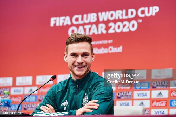 Joshua Kimmich of Bayern Muenchen talks to the media during a press conference on February 07, 2021 in Doha, Qatar.