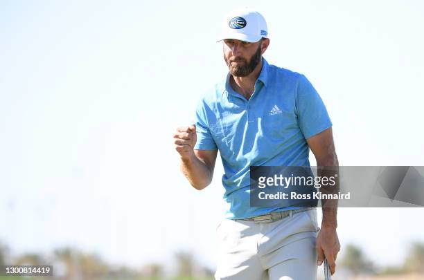 Dustin Johnson of the USA reacts on the 18th green during Day Four of the Saudi International powered by SoftBank Investment Advisers at Royal Greens...
