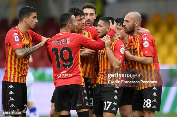 Gianluca Caprari of Benevento celebrates with team mates Roberto Insigne and Pasquale Schiattarella after scoring their side's first goal during the...