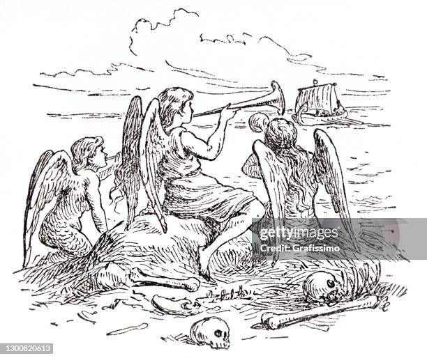 bewitching song of the sirens singing to odysseus and his hip - odysseus sirens stock illustrations