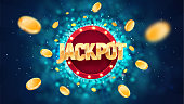 Jackpot golden text on retro red board vector banner. Winning vector illustration. Win congratulations illustration for casino or online games. Explosion coins  on dark blue background