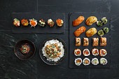 Sushi and Sushi Roll Set. Rice Bowls. Gunkan Set. Tuna Tataki.