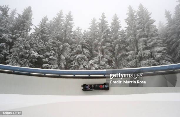 Justin Kripps and Sam Stones of Canada compete during the IBSF World Championships 2021 Altenberg 2-Man Bobsleigh competition at the Eiskanal...