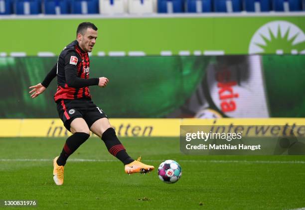 Filip Kostic of Eintracht Frankfurt scores their side's first goal during the Bundesliga match between TSG Hoffenheim and Eintracht Frankfurt at...