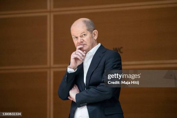 German Social Democratic party SPD candidate for chancellor Olaf Scholz looks on during a two-day party meeting on February 07, 2021 in Berlin,...