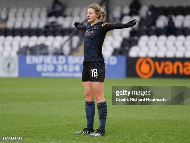 Ellen White of Manchester City celebrates after scoring their side's first goal during the Barclays FA Women's Super League match between Arsenal...