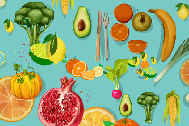 healthy life. composition of fruits and vegetables - spring background top view stock illustrations