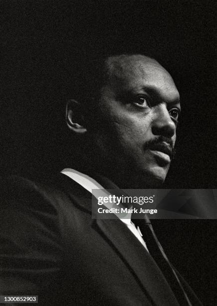 Reverend Jesse Jackson speaks to a Democratic gathering at the Cheyenne Civic Center on April 20, 1989 in Cheyenne, Wyoming. An African American...