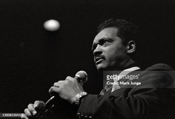 Reverend Jesse Jackson speaks to a Democratic gathering at the Cheyenne Civic Center on April 20, 1989 in Cheyenne, Wyoming. An African American...