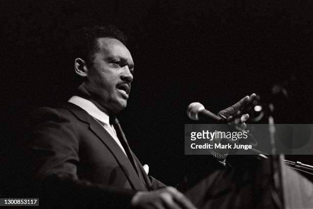 Reverend Jesse Jackson speaks to a Democratic gathering at the Cheyenne Civic Center on April 20, 1989 in Cheyenne, Wyoming. An African American...