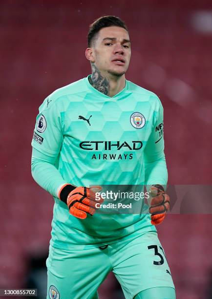 Ederson of Manchester City reacts during the Premier League match between Liverpool and Manchester City at Anfield on February 07, 2021 in Liverpool,...