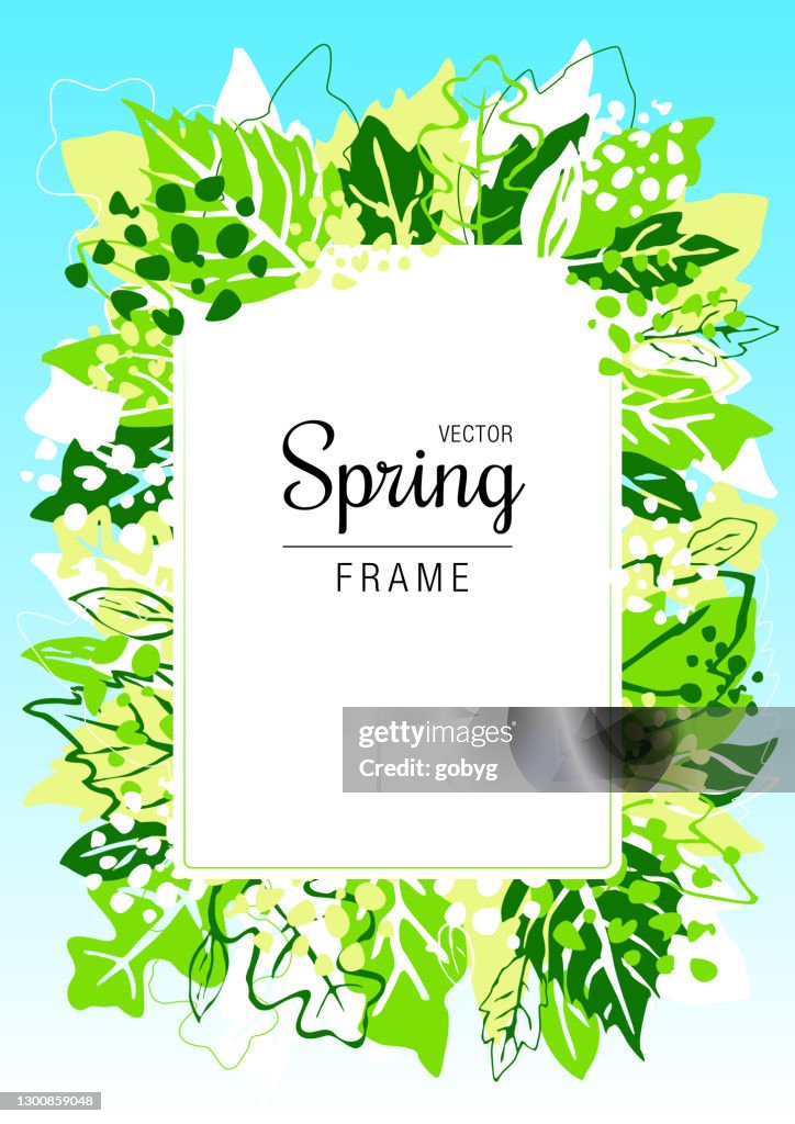 Spring frame background with abstract green leaves