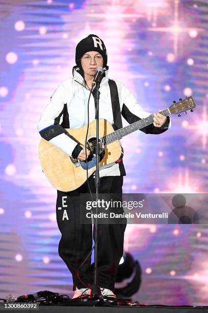 Gianna Nannini performs the 2021 FIS Alpine World Ski Championships inauguration ceremony on February 07, 2021 in Cortina d'Ampezzo, Italy.