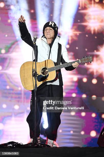 Gianna Nannini performs during the 2021 FIS Alpine World Ski Championships inauguration ceremony on February 07, 2021 in Cortina d'Ampezzo, Italy.