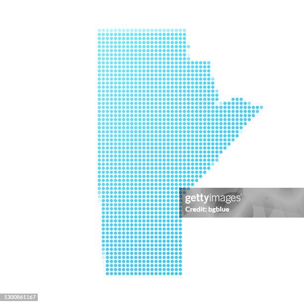 manitoba map in blue dots on white background - winnipeg stock illustrations