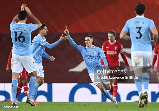 Phil Foden of Manchester City celebrates after scoring their side's fourth goal during the Premier League match between Liverpool and Manchester City...