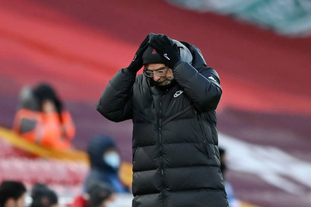 Jurgen Klopp, Manager of Liverpool reacts during the Premier League match between Liverpool and Manchester City at Anfield on February 07, 2021 in...