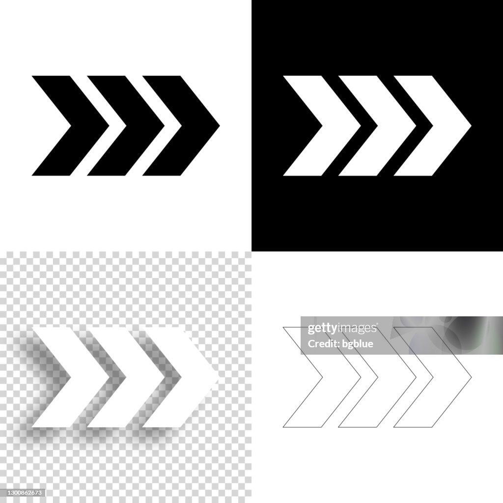 Triple chevrons pointing right. Icon for design. Blank, white and black backgrounds - Line icon