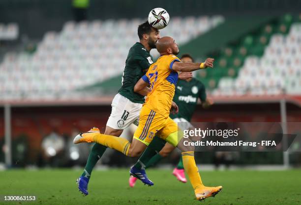 Luan Garcia of SE Palmeiras battles for possession with Carlos Gonzalez of Tigres UANL during the FIFA Club World Cup Qatar 2002 Semi-Final match...