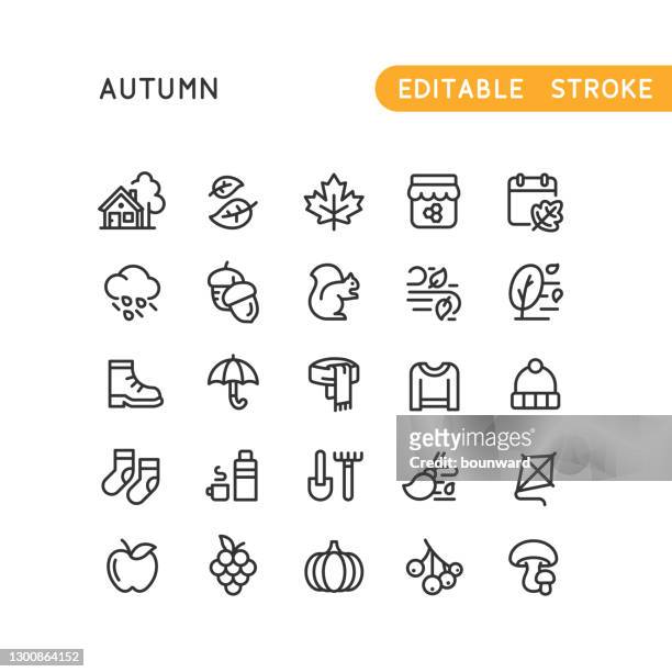 autumn line icons editable stroke - raking leaves stock illustrations