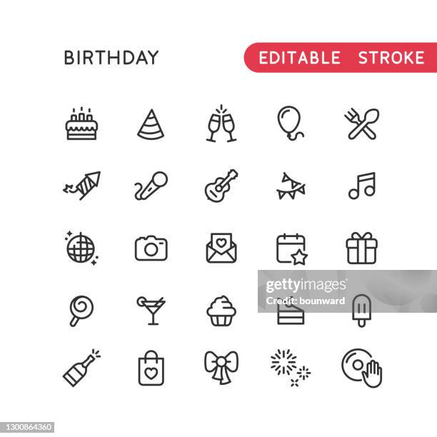 stockillustraties, clipart, cartoons en iconen met bewerkbare lijn verjaardagslijnpictogrammen - birthday icon