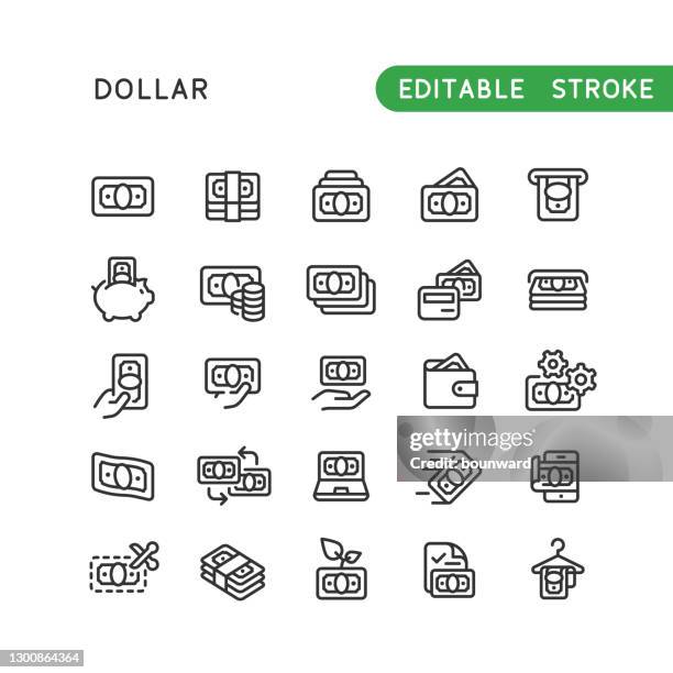 ilustraciones, imágenes clip art, dibujos animados e iconos de stock de trazo editable de iconos de línea de dólar - reemplazo