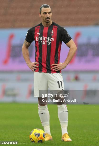 Zlatan Ibrahimovic of AC Milan looks on during the Serie A match between AC Milan and FC Crotone at Stadio Giuseppe Meazza on February 07, 2021 in...
