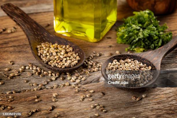 semilla de cáñamo en cucharas de madera y aceite sobre mesa de madera rústica - cannabis oil fotografías e imágenes de stock
